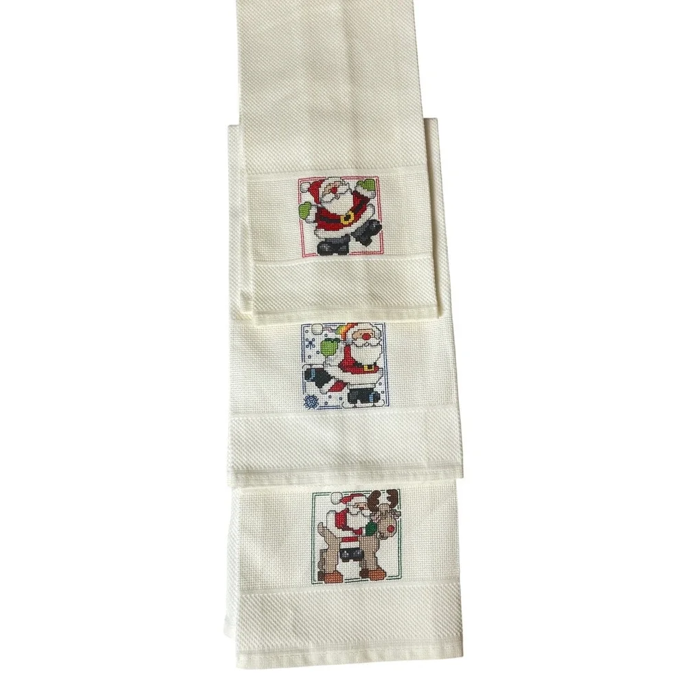 Vintage Handmade Christmas Cross Stitch Santa Reindeer Waffle Hand Towels Set 3